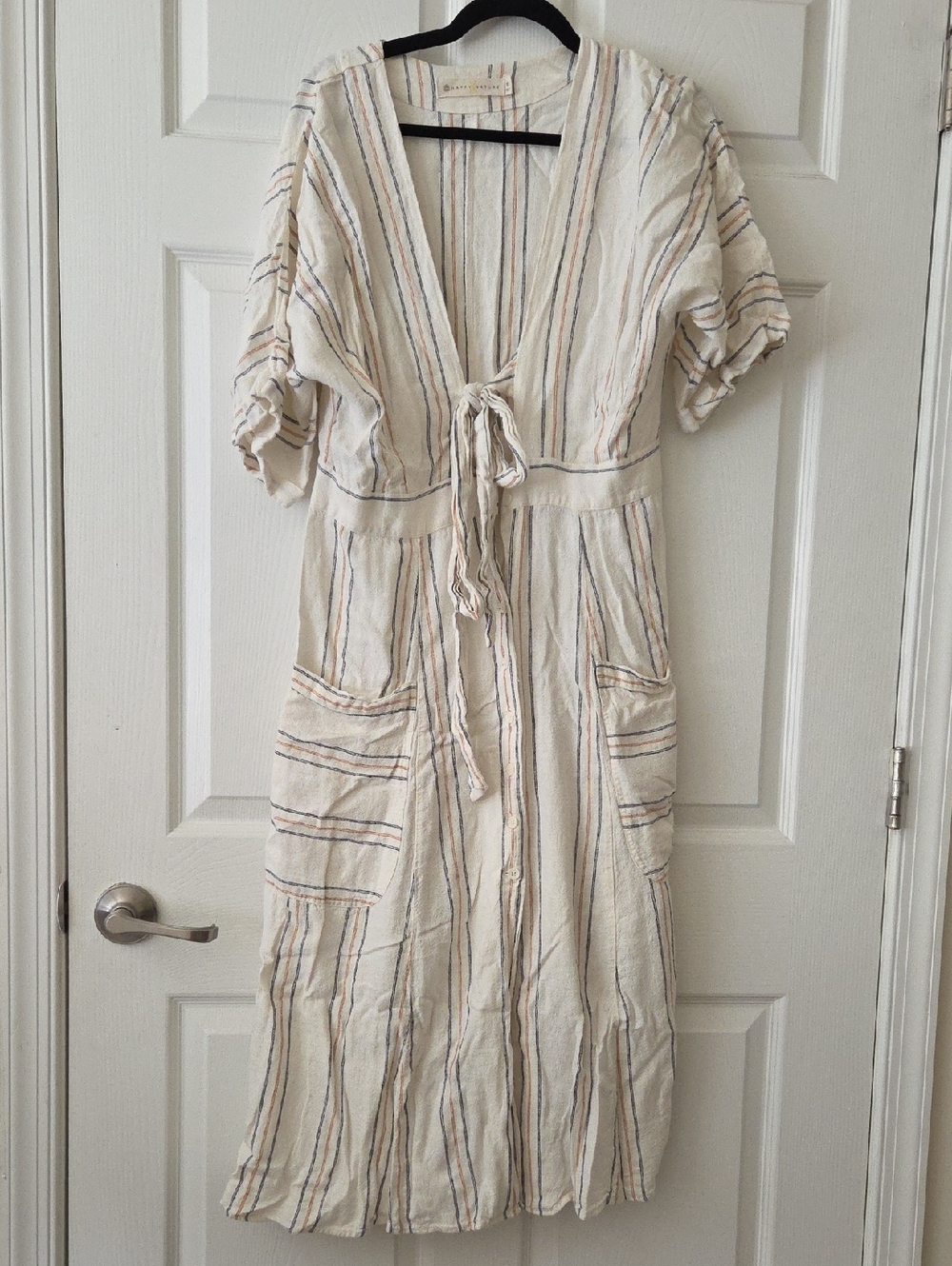 Cream Linen Striped Dress